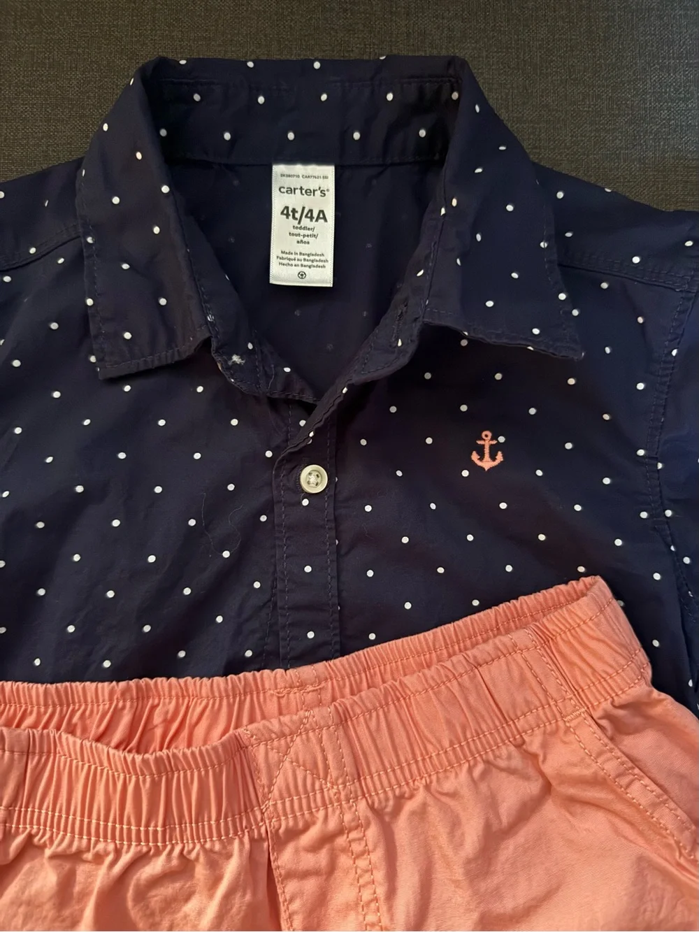 Carter's Navy Polka Dot Button-Down Shirt and Coral Short set